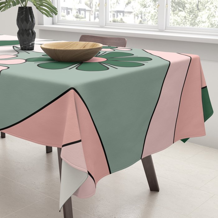 Retro Floral Daydream 60s Flowers Forest Green and Blush Pink Tablecloth Gallery Image 3