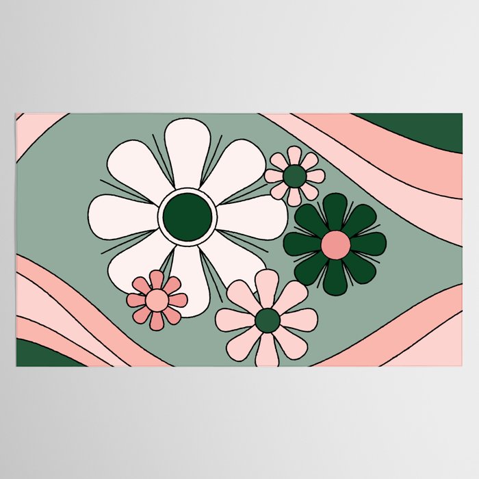 Retro Floral Daydream 60s Flowers Forest Green and Blush Pink Tablecloth Gallery Image 2