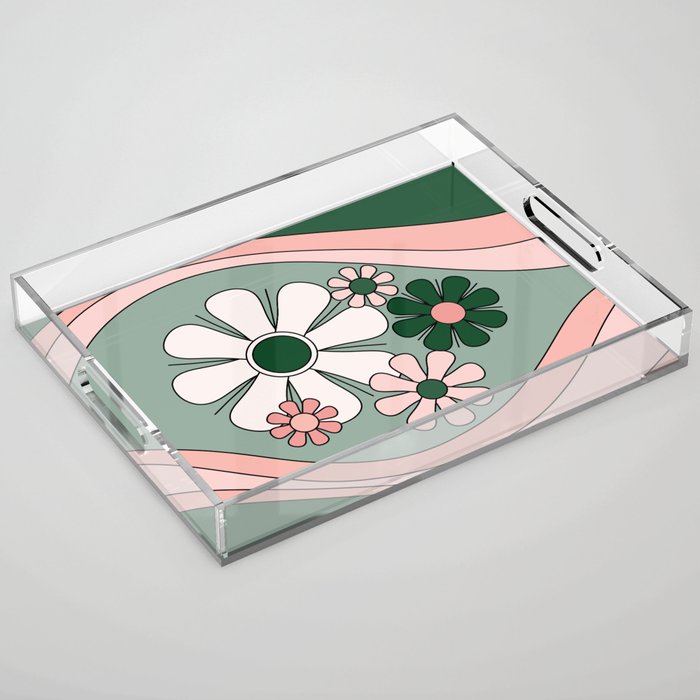 Retro Floral Daydream 60s Flowers Forest Green and Blush Pink Acrylic Tray Gallery Image 1