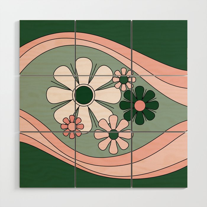 Retro Floral Daydream 60s Flowers Forest Green and Blush Pink Wood Wall Art Gallery Image 1