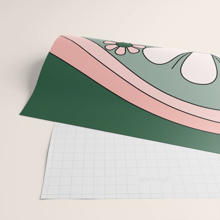 Retro Floral Daydream 60s Flowers Forest Green and Blush Pink Wrapping Paper Gallery Image 2