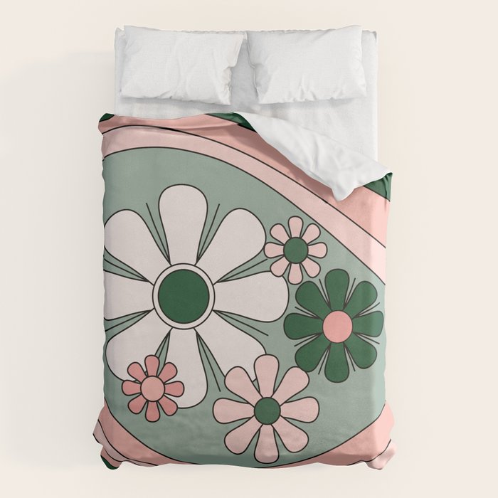 Retro Floral Daydream 60s Flowers Forest Green and Blush Pink Duvet Cover Gallery Image 1