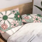 Retro Floral Daydream 60s Flowers Forest Green and Blush Pink Pillow Sham Gallery Image 2
