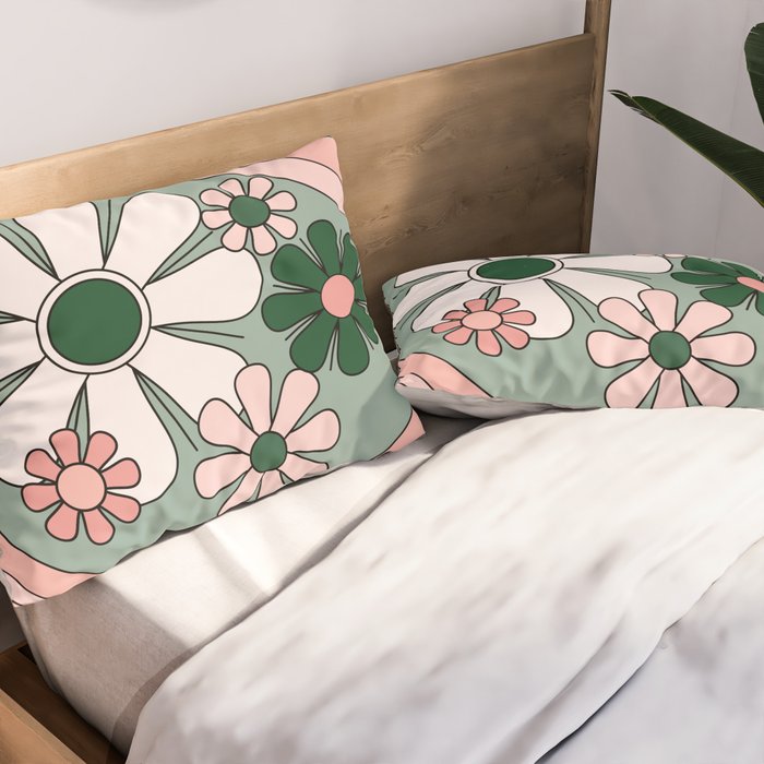 Retro Floral Daydream 60s Flowers Forest Green and Blush Pink Pillow Sham Gallery Image 2