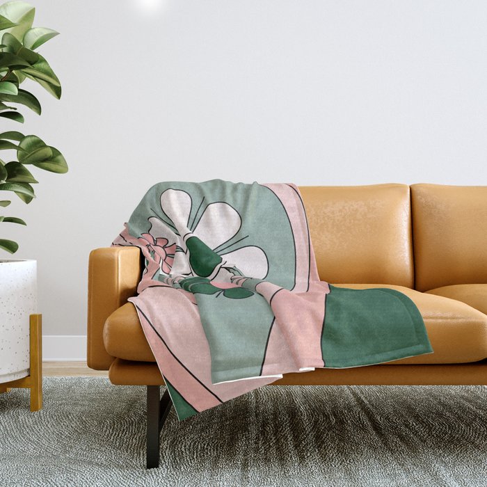 Retro Floral Daydream 60s Flowers Forest Green and Blush Pink Throw Blanket Gallery Image 1