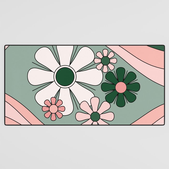 Retro Floral Daydream 60s Flowers Forest Green and Blush Pink Desk Mat Gallery Image 3