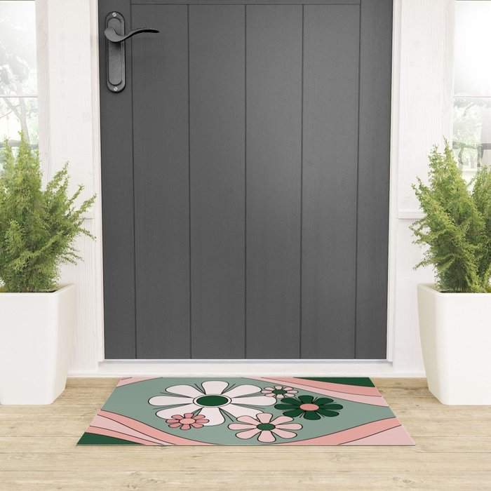 Retro Floral Daydream 60s Flowers Forest Green and Blush Pink Welcome Mat Gallery Image 3