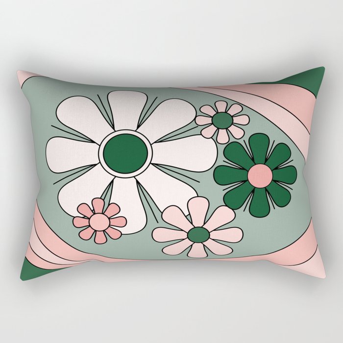 Retro Floral Daydream 60s Flowers Forest Green and Blush Pink Rectangular Pillow Gallery Image 1