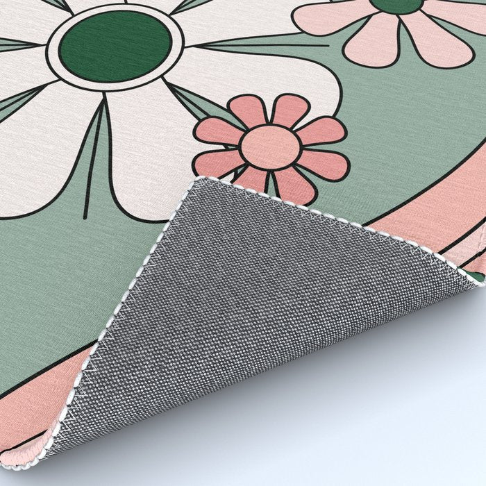 Retro Floral Daydream 60s Flowers Forest Green and Blush Pink Rug Gallery Image 4