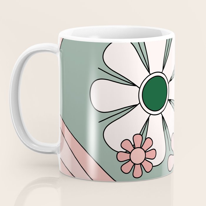 Retro Floral Daydream 60s Flowers Forest Green and Blush Pink Coffee Mug Gallery Image 3