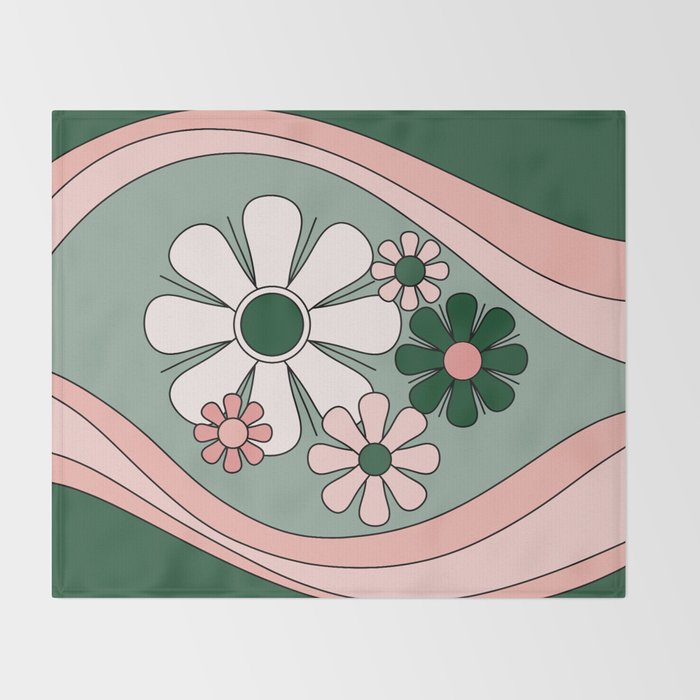 Retro Floral Daydream 60s Flowers Forest Green and Blush Pink Throw Blanket Gallery Image 2