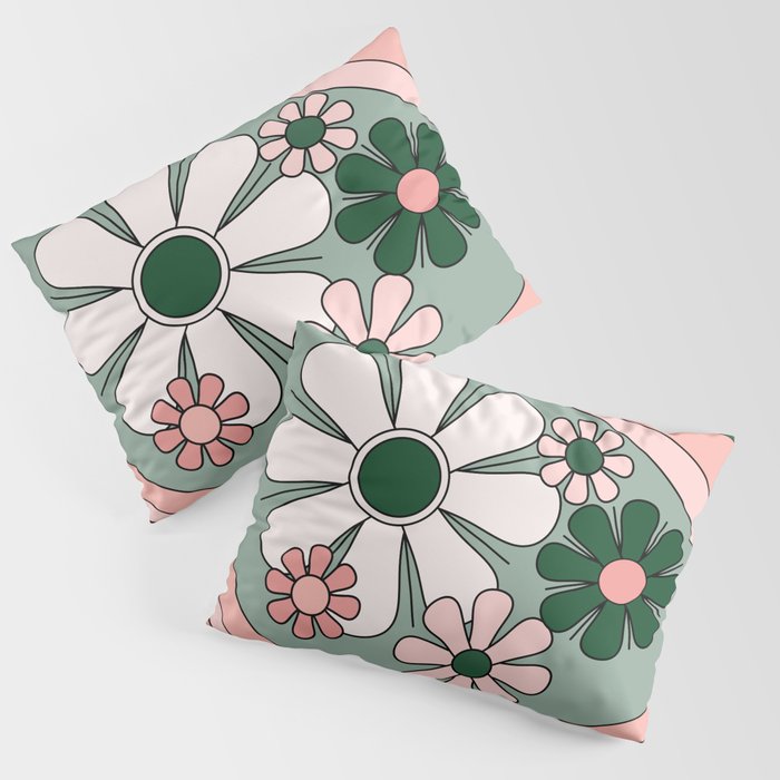 Retro Floral Daydream 60s Flowers Forest Green and Blush Pink Pillow Sham Gallery Image 3