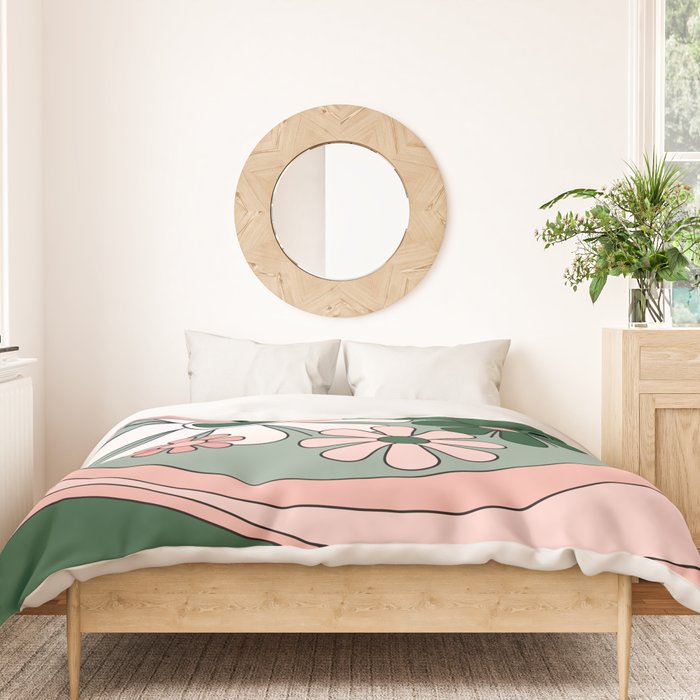 Retro Floral Daydream 60s Flowers Forest Green and Blush Pink Duvet Cover Gallery Image 3