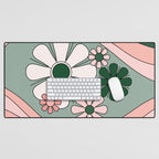 Retro Floral Daydream 60s Flowers Forest Green and Blush Pink Desk Mat Gallery Image 1