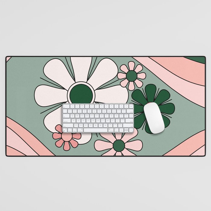 Retro Floral Daydream 60s Flowers Forest Green and Blush Pink Desk Mat Gallery Image 1