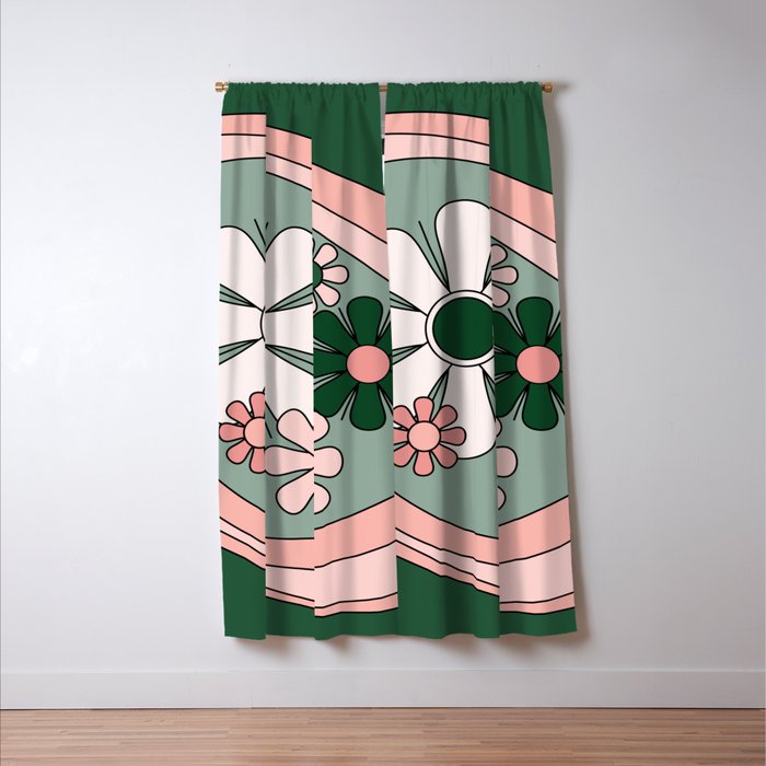 Retro Floral Daydream 60s Flowers Forest Green and Blush Pink Window Curtain Gallery Image 3