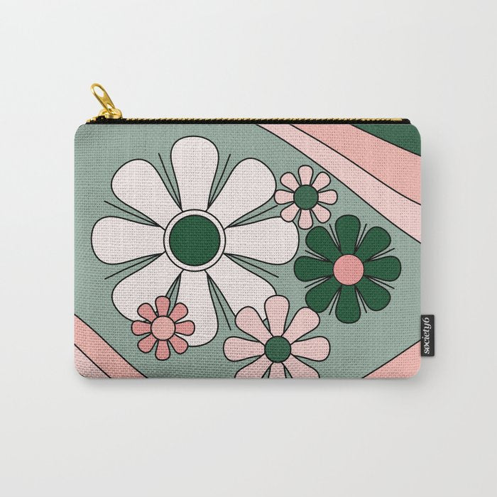 Retro Floral Daydream 60s Flowers Forest Green and Blush Pink Carry All Pouch Gallery Image 1