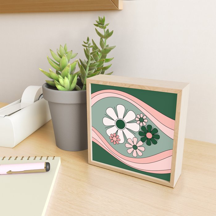 Retro Floral Daydream 60s Flowers Forest Green and Blush Pink Mini Art Print Gallery Image 2