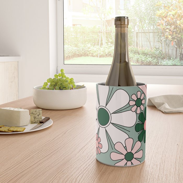 Retro Floral Daydream 60s Flowers Forest Green and Blush Pink Wine Chiller Gallery Image 4