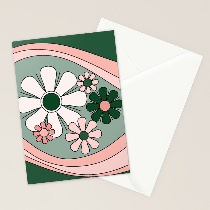 Retro Floral Daydream 60s Flowers Forest Green and Blush Pink Stationery Card Gallery Image 2