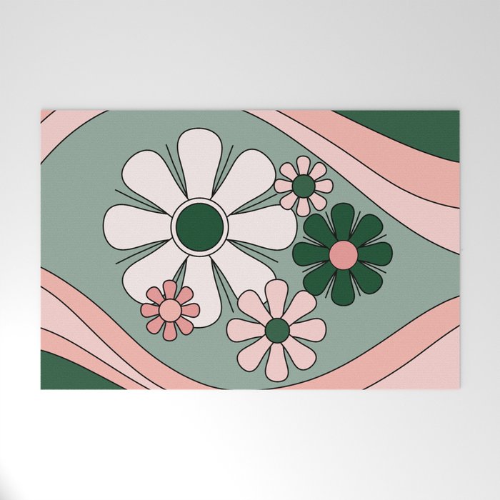 Retro Floral Daydream 60s Flowers Forest Green and Blush Pink Welcome Mat Gallery Image 1