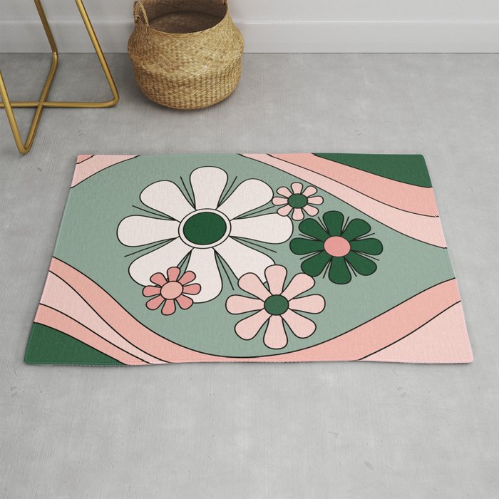 Retro Floral Daydream 60s Flowers Forest Green and Blush Pink Rug Gallery Image 1