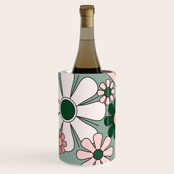 Retro Floral Daydream 60s Flowers Forest Green and Blush Pink Wine Chiller Gallery Image 1