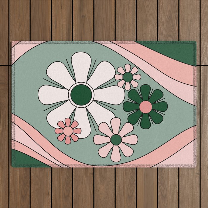 Retro Floral Daydream 60s Flowers Forest Green and Blush Pink Outdoor Rug Gallery Image 1