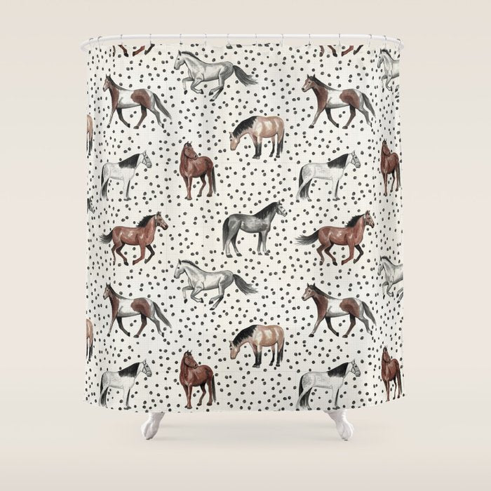Horses and Dots, Vintage Texture, Wild horses, Hand-painted, Organic Dots, Watercolor Shower Curtain Gallery Image 1
