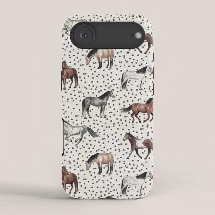 Horses and Dots, Vintage Texture, Wild horses, Hand-painted, Organic Dots, Watercolor iPhone Case Gallery Image 2