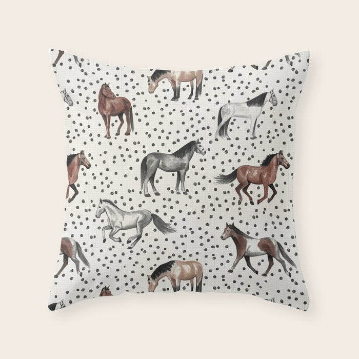 Horses and Dots, Vintage Texture, Wild horses, Hand-painted, Organic Dots, Watercolor Throw Pillow Gallery Image 6