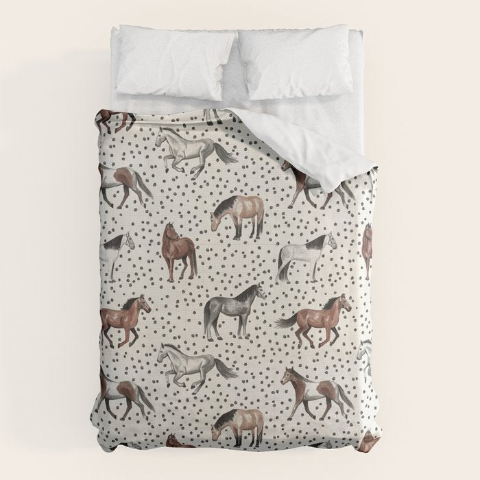 Horses and Dots, Vintage Texture, Wild horses, Hand-painted, Organic Dots, Watercolor Duvet Cover Gallery Image 6