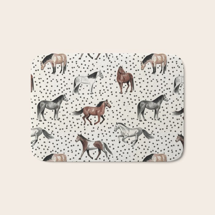 Horses and Dots, Vintage Texture, Wild horses, Hand-painted, Organic Dots, Watercolor Bath Mat Gallery Image 1