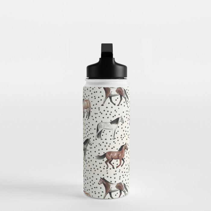Horses and Dots, Vintage Texture, Wild horses, Hand-painted, Organic Dots, Watercolor Water Bottle Gallery Image 3