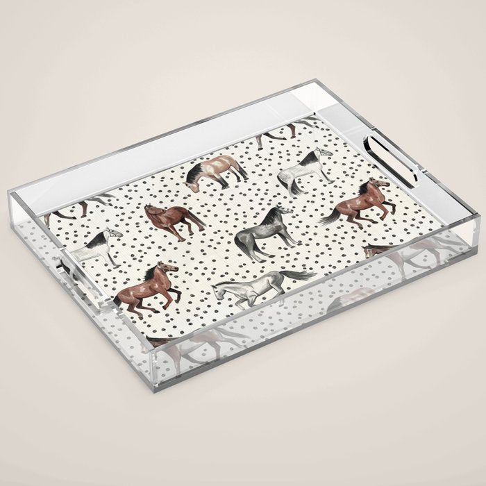 Horses and Dots, Vintage Texture, Wild horses, Hand-painted, Organic Dots, Watercolor Acrylic Tray Gallery Image 1