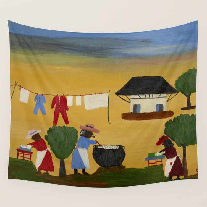 African American Masterpiece 'The Wash' portrait painting by Clementine Hunter   Wall Tapestry Gallery Image 1