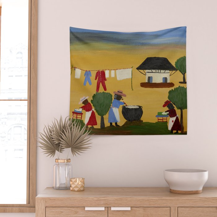 African American Masterpiece 'The Wash' portrait painting by Clementine Hunter   Wall Tapestry Gallery Image 2