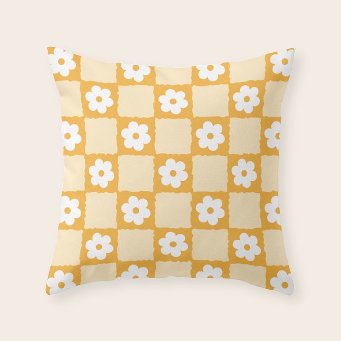 Retro Daisy Flower Checker in Yellow Throw Pillow Gallery Image 6
