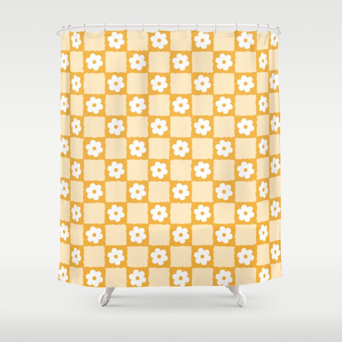 Retro Daisy Flower Checker in Yellow Shower Curtain Gallery Image 1