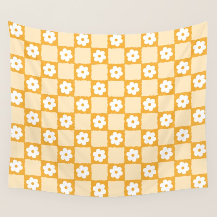 Retro Daisy Flower Checker in Yellow Wall Tapestry Gallery Image 4