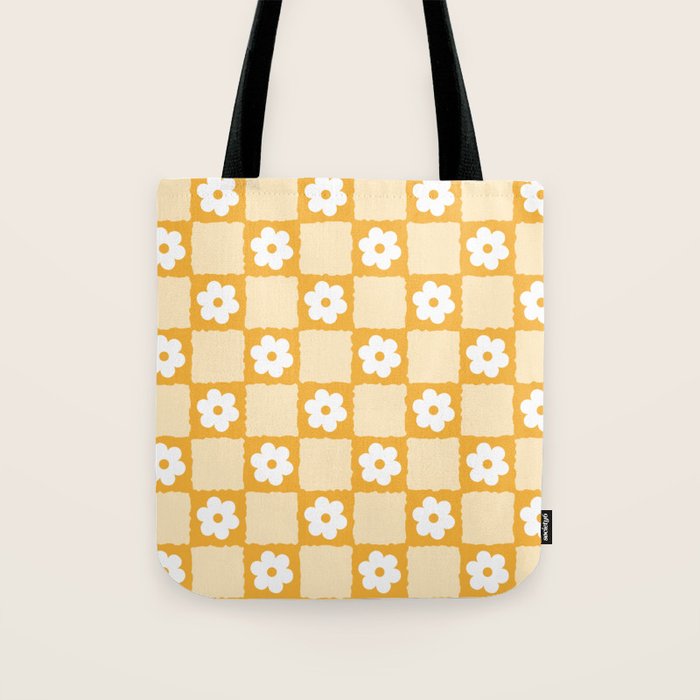 Retro Daisy Flower Checker in Yellow Tote Bag Gallery Image 1