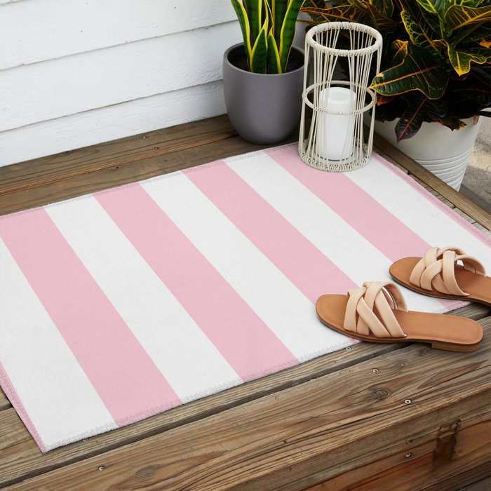 Light Soft Pastel Pink Beach Hut Stripes Outdoor Rug Gallery Image 2