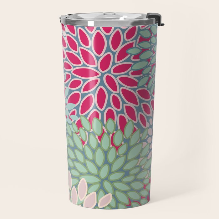 Festive, Floral Prints, Bright Pink, Teal and Green Travel Mug Gallery Image 2
