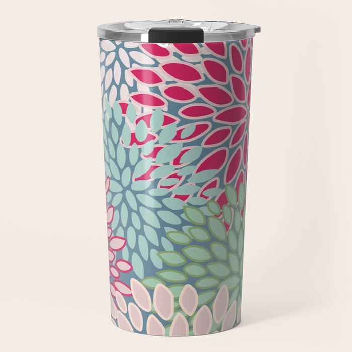 Festive, Floral Prints, Bright Pink, Teal and Green Travel Mug Gallery Image 1