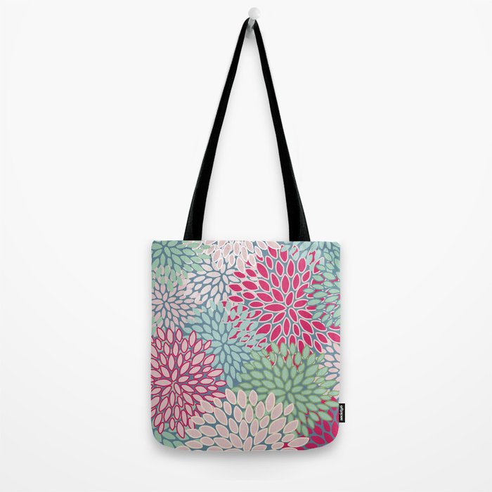 Festive, Floral Prints, Bright Pink, Teal and Green Tote Bag Gallery Image 2