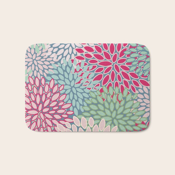 Festive, Floral Prints, Bright Pink, Teal and Green Bath Mat Gallery Image 1