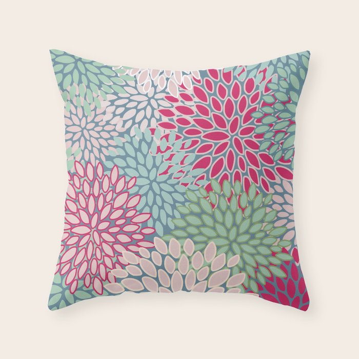 Festive, Floral Prints, Bright Pink, Teal and Green Throw Pillow Gallery Image 1