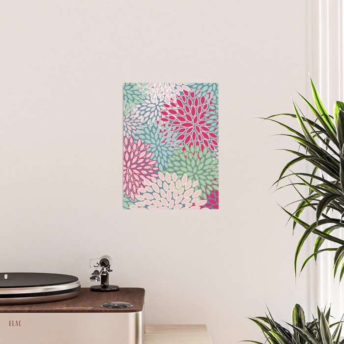 Festive, Floral Prints, Bright Pink, Teal and Green Poster Gallery Image 2