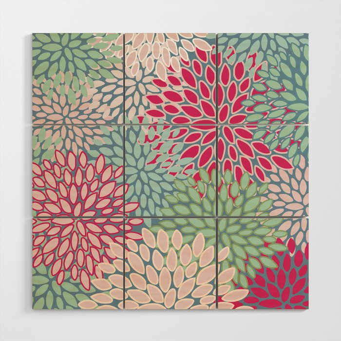 Festive, Floral Prints, Bright Pink, Teal and Green Wood Wall Art Gallery Image 1