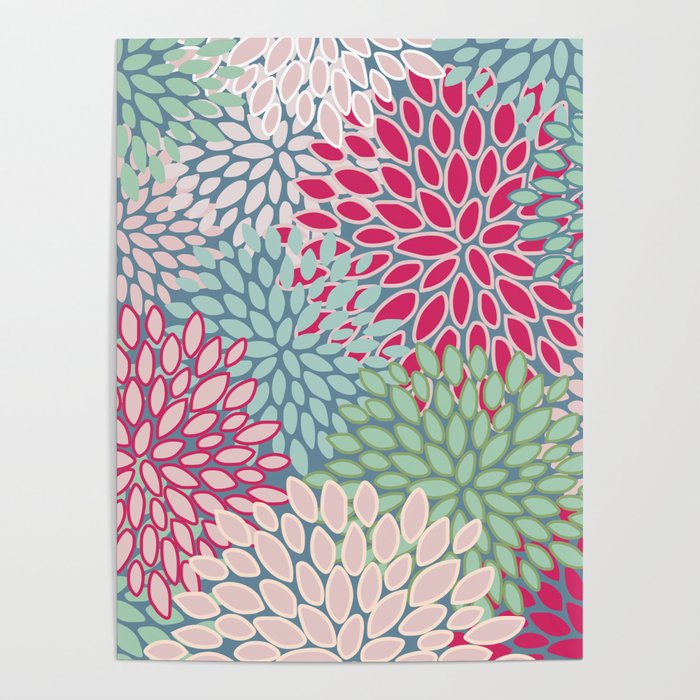 Festive, Floral Prints, Bright Pink, Teal and Green Poster Gallery Image 4